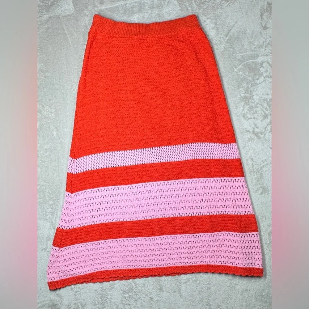 Scoop Crochet Scalloped Hem Red Pink Striped A Line Pull On Midi Skirt Large - Picture 12 of 16